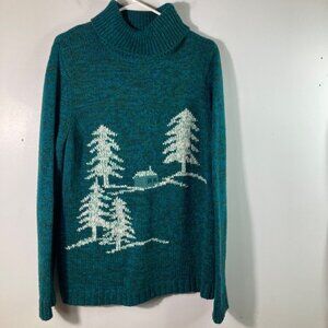 Womens Coldwater Creek Christmas Trees Cabin Knit Sweater L Wool Blend